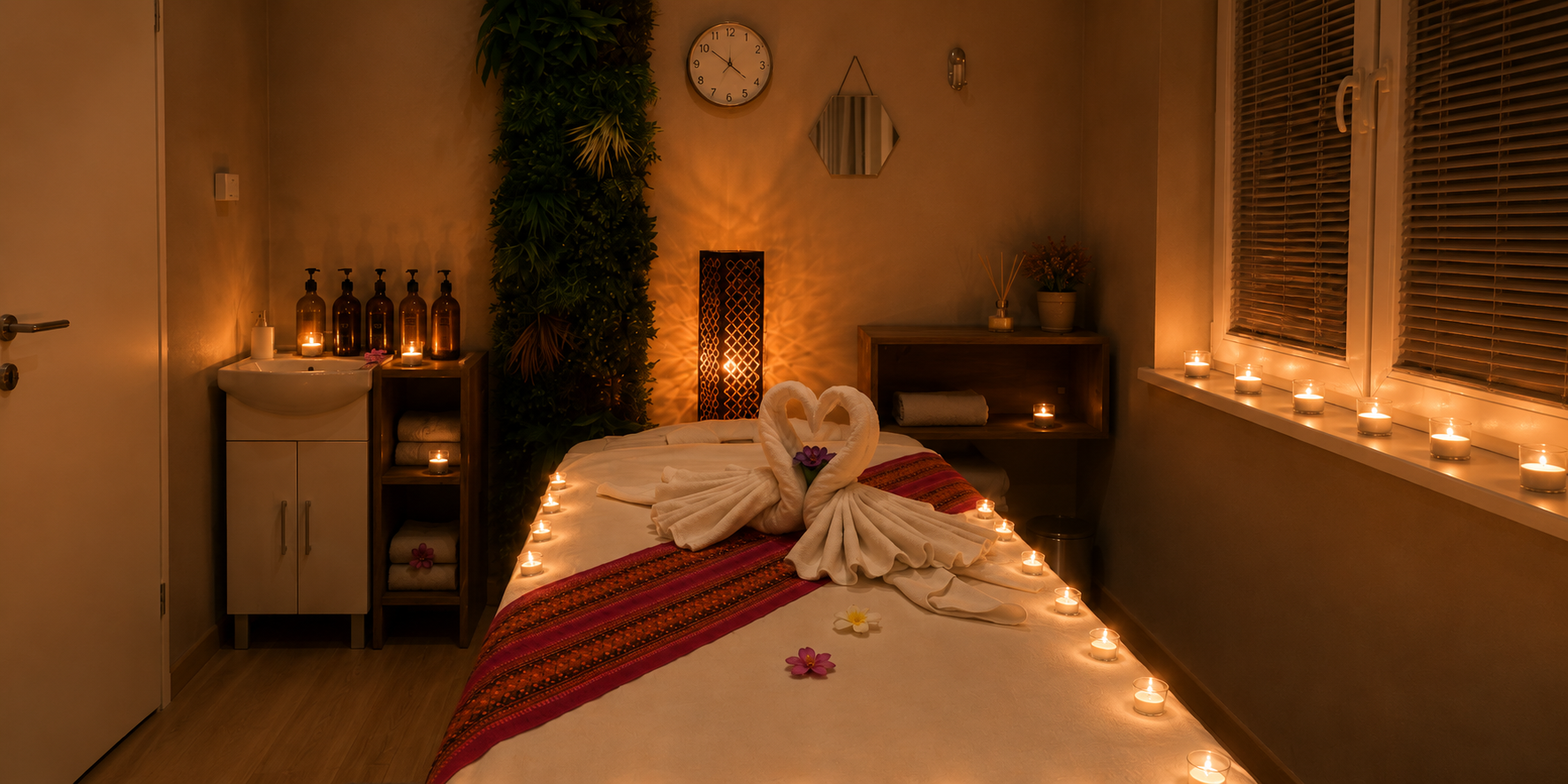Serene Thai massage room with orchid and warm daylight